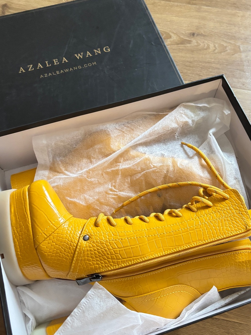 Azalea Wang Yellow Faux-Croc Lace-Up Women’s Boots